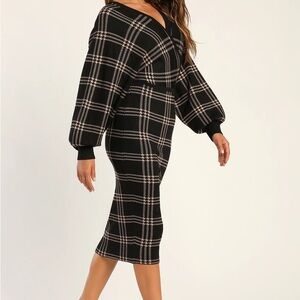 Lulu’s Plaid Your Love Black Dolman Sleeve Bodycon Midi Sweater Dress